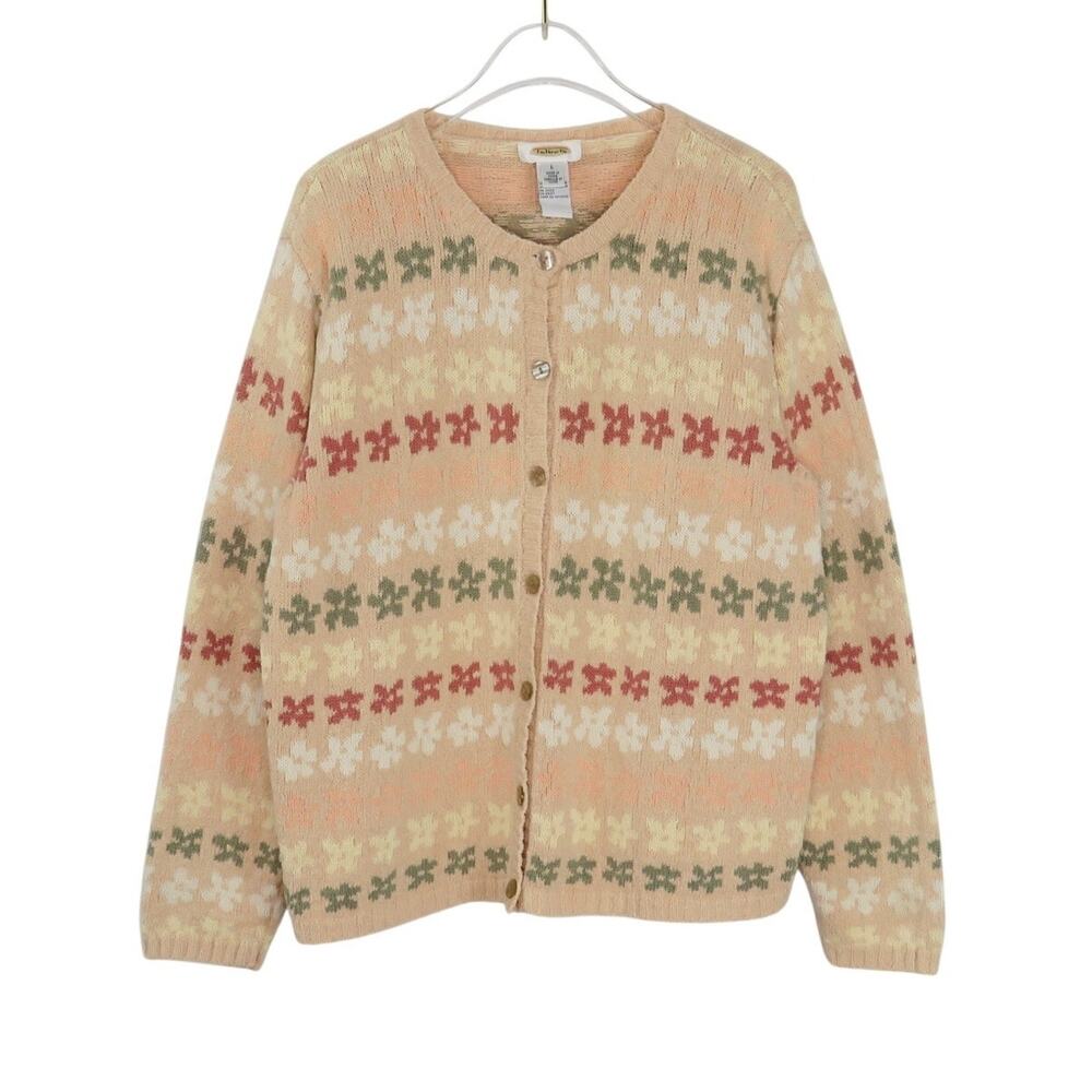 1980s Vintage Talbots Pink Green Floral Knit Cardigan Sweater Large Cottagecore